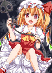 Rule 34 | 1girl, ascot, blonde hair, bloomers, dress, fangs, flandre scarlet, hat, hat ribbon, hisae (hisae collect), jacket, laevatein, mob cap, open clothes, open jacket, puffy short sleeves, puffy sleeves, red dress, red eyes, ribbon, shirt, short sleeves, side ponytail, sitting, smile, solo, touhou, underwear, upskirt, wings