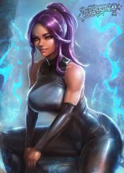 Rule 34 | 1girl, absurdres, bleach, breasts, dark-skinned female, dark skin, detached sleeves, highres, large breasts, leather suit, long hair, looking at viewer, mrelagan, ponytail, purple hair, realistic, shihouin yoruichi, shiny skin, sitting, skin tight, smile, solo, yellow eyes