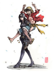 Rule 34 | 1boy, 1girl, abs, barefoot sandals (jewelry), black eyes, black hair, boots, breasts, carrying, commentary, denim, denim shorts, english commentary, hat, high heel boots, high heels, highres, looking ahead, looking to the side, medium breasts, medium hair, monkey d. luffy, mycks, nico robin, one piece, painting (medium), piggyback, pointing, pointing up, red shirt, scar, shirt, shorts, smile, straw hat, traditional media, watercolor (medium)