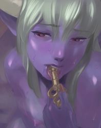 Rule 34 | 1girl, blush, breasts, close-up, colored skin, demon girl, embarrassed, fingernails, from above, highres, horns, key, licking, lips, mokottsu, nail, nail polish, nipples, nude, original, pointy ears, purple eyes, purple skin, red nails, saliva, sexually suggestive, silver hair, solo, sweat, tongue