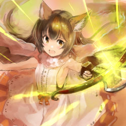 Rule 34 | 10s, 1girl, :o, aiming, animal ears, armpits, aster (granblue fantasy), bare shoulders, black hair, blush, bow, bow (weapon), breasts, brown eyes, brown hair, cowboy shot, crossbow, dress, edobox, erune, glowing, granblue fantasy, holding, holding weapon, lace, long hair, looking at viewer, open mouth, outstretched arms, raised eyebrows, ribs, sash, scarf, sleeveless, sleeveless dress, small breasts, solo, spread arms, very long hair, weapon, white dress