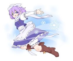 Rule 34 | 1girl, :d, apron, bloomers, blue skirt, boots, bright pupils, brown footwear, frilled apron, frilled sleeves, frills, from side, full body, hat, ice, knee boots, layered sleeves, letty whiterock, light purple hair, long sleeves, looking at viewer, maguro (mawaru sushi), open mouth, outstretched arm, puffy sleeves, purple eyes, ribbon-trimmed sleeves, ribbon trim, scarf, short over long sleeves, short sleeves, skirt, smile, snowflakes, solo, touhou, underwear, waist apron, white pupils, white scarf