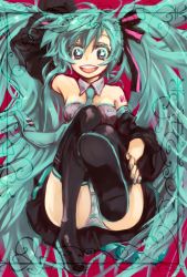 Rule 34 | 0lily0, 1girl, aqua eyes, bare shoulders, boots, collar, detached sleeves, hair ribbon, hatsune miku, long hair, necktie, open mouth, panties, pantyshot, ribbon, skirt, solo, striped clothes, striped panties, thigh boots, thighhighs, twintails, underwear, upskirt, very long hair, vocaloid