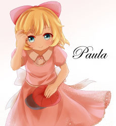 Rule 34 | 1girl, blonde hair, blue eyes, borrowed clothes, bow, character name, dress, hair bow, hair ribbon, hat, highres, holding, igayan, looking at viewer, mother (game), mother 2, nintendo, paula (mother 2), pink dress, ribbon, short hair, smile, solo, unworn hat, unworn headwear, wind