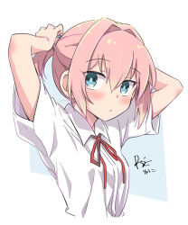 Rule 34 | 1girl, blue eyes, collared shirt, commentary request, dress shirt, holding, holding own hair, kantai collection, neck ribbon, pink hair, ponytail, r-king, red ribbon, ribbon, school uniform, shiranui (kancolle), shirt, short hair, short sleeves, signature, solo, white shirt