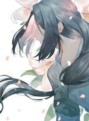 Rule 34 | 1boy, bad id, bad pixiv id, black hair, flower, leaf, lily (flower), long hair, low-tied long hair, male focus, panon 14, parted lips, petals, profile, shadow, signature, solo, luo xiaohei zhanji, white background, white flower, wuxian (the legend of luoxiaohei)