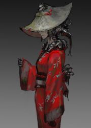 Rule 34 | 1girl, android, covered eyes, cyborg, denki, from side, gradient background, hat, japanese clothes, kimono, long sleeves, mechanical arms, obi, original, profile, red kimono, sash, single mechanical arm, sleeves past wrists, solo, standing, wide sleeves