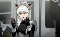 Rule 34 | alternate costume, animal ears, bag, black gloves, carrying bag, cat ears, commentary request, earrings, enmaided, gloves, gogalking, green eyes, highres, jewelry, long hair, maid, maid day, maid headdress, middle finger, ofelia (gogalking), open mouth, original, plastic bag, spring onion, stud earrings, white hair, window