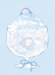Rule 34 | animal focus, artist name, beak, bird, blue background, blue eyes, blue ribbon, bubble, commentary, cup, english commentary, fish, food, food focus, glass, heart, highres, ice, ice cube, in container, in cup, matocha79, no humans, original, penguin, ribbon, shaved ice, solid circle eyes, sparkle, star (symbol), submerged