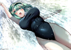 Rule 34 | 1girl, alternate costume, arm up, black one-piece swimsuit, blue eyes, blue hair, blush, breasts, bubble, commentary request, cowboy shot, flat cap, green hat, hair bobbles, hair ornament, hat, highleg, highleg swimsuit, highres, kagiyama shachou, kawashiro nitori, large breasts, medium hair, one-piece swimsuit, open mouth, school swimsuit, sidelocks, solo, splashing, swimsuit, touhou, twitter username, two side up, water