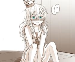 Rule 34 | 1girl, anchor, arms between legs, bare shoulders, blush, bow, collarbone, commentary request, crying, crying with eyes open, dress, grecale (kancolle), green eyes, hair between eyes, hair bow, hair ornament, hat, highres, indoors, kantai collection, looking at viewer, mini hat, monochrome, sailor collar, sailor dress, side-tie dress, sitting, sleeveless, sleeveless dress, solo, sorata (sorairo honpo), speech bubble, spot color, tears, tilted headwear, translated, triangle mouth, wooden floor, wooden wall