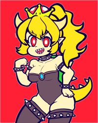 Rule 34 | 1girl, absurdres, armlet, artist name, bare shoulders, black leotard, black nails, black thighhighs, blonde hair, border, bowsette, bracelet, breasts, cleavage, clenched hand, collar, collarbone, crown, female focus, hand on own hip, hand up, high ponytail, highres, horns, jewelry, leotard, looking at viewer, mario (series), nail polish, new super mario bros. u deluxe, nintendo, open mouth, outline, panda-eggs, pointy ears, red background, red eyes, sharp teeth, signature, simple background, skindentation, smile, solo, spiked bracelet, spiked collar, spiked shell, spikes, standing, strapless, strapless leotard, super crown, tail, teeth, thighhighs, turtle shell, white border, white outline