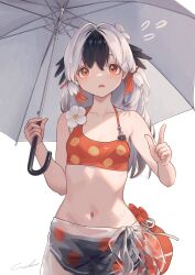 Rule 34 | 1girl, absurdres, arknights, bikini, black hair, breasts, commentary request, cowboy shot, highres, holding, holding umbrella, long hair, multicolored hair, navel, official alternate costume, orange bikini, orange eyes, small breasts, snowsant (arknights), solo, swimsuit, two-tone hair, umbrella, welt (kinsei koutenkyoku), white hair