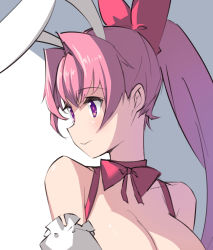 Rule 34 | 1girl, animal ears, bare shoulders, blush, bow, breasts, choker, cleavage, closed mouth, collarbone, di gi charat, grey background, hair between eyes, hair intakes, high ponytail, large breasts, long hair, pink hair, ponytail, purple eyes, rabbit ears, red bow, red choker, saiste, solo, two-tone background, upper body, usada hikaru, white background
