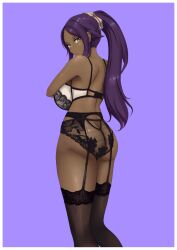 Rule 34 | arms under breasts, artist request, ass, bare back, bleach, bra, breasts, dark-skinned female, dark skin, female focus, hair ornament, highres, large breasts, lingerie, long hair, looking back, ponytail, purple background, purple hair, shihouin yoruichi, simple background, thighhighs, underwear, yellow eyes