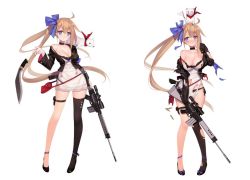 Rule 34 | 1girl, ahoge, animal, battle rifle, black thighhighs, blonde hair, blue bow, blue eyes, blush, bow, breasts, choker, cleavage, dress, fal (girls&#039; frontline), fn fal, full body, girls&#039; frontline, gun, hair bow, high heels, holding, holding gun, holding weapon, jacket, knife, kukri, large breasts, long hair, long sleeves, looking at viewer, navel, off shoulder, official art, open mouth, ribbon, rifle, scope, side ponytail, simple background, single thighhigh, solo, standing, suisai., thigh strap, thighhighs, torn clothes, torn thighhighs, transparent background, very long hair, weapon, white background