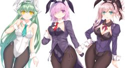 Rule 34 | 3girls, alternate costume, animal ears, asymmetrical hair, bad id, bad pixiv id, bare shoulders, black gloves, black legwear, blue eyes, blush, breasts, cleavage, closed mouth, commentary request, dragon horns, fake animal ears, fate/grand order, fate (series), gloves, green hair, green neckwear, hair ornament, hair over one eye, highres, horns, kiyohime (fate), large breasts, leotard, long hair, looking at viewer, mash kyrielight, medium breasts, miyamoto musashi (fate), morizono shiki, multiple girls, necktie, pantyhose, pink hair, playboy bunny, ponytail, purple eyes, rabbit ears, short hair, simple background, smile, very long hair, white background, white horns, yellow eyes