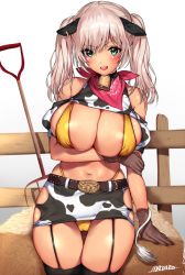 Rule 34 | 1girl, :d, animal ears, animal print, aqua eyes, bell, bikini, blonde hair, blush, breasts, cleavage, clothing cutout, collar, cow ears, cow girl, cow horns, cow print, cow tail, cowbell, ear tag, gloves, hay bale, highleg, highleg bikini, horns, huge breasts, large breasts, long hair, looking at viewer, mataro (matarou), navel, neck bell, open mouth, original, pitchfork, red scarf, scarf, shiny skin, short sleeves, shoulder cutout, signature, sitting, skindentation, smile, solo, swimsuit, tail, thighhighs, twintails, yellow bikini