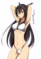 Rule 34 | 10s, 1girl, armpits, arms up, bad id, bad pixiv id, bikini, black hair, blush, breasts, female focus, highres, hip focus, kantai collection, kotohane, long hair, looking at viewer, nagato (kancolle), navel, orange eyes, parted lips, personification, shiny skin, solo, standing, sweat, sweatdrop, swimsuit, text focus, thigh gap, thighs, translated