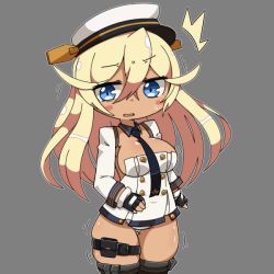 Rule 34 | 1girl, ^^^, azur lane, belt, belt buckle, black belt, black thighhighs, blonde hair, blue eyes, blue neckwear, blush, breasts, buckle, buttons, cleavage, crossed bangs, dark-skinned female, dark skin, detached collar, dress, eyebrows, eyelashes, facing away, gluteal fold, grey background, hair between eyes, hat, large breasts, long hair, looking away, microdress, motion lines, no bra, odabuts, open mouth, outline, panties, pantyshot, shiny skin, short dress, simple background, skindentation, solo, standing, sweat, tennessee (azur lane), thigh gap, thigh strap, thighhighs, underwear, very long hair, white dress, white hat, white outline