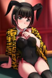 Rule 34 | 1girl, absurdres, animal ears, animal print, arm support, black hair, black hairband, black leotard, black thighhighs, bow, bowtie, breasts, brown eyes, closed mouth, collar, detached wings, fake animal ears, groin, hairband, hand up, highres, jacket, leopard print, leotard, long sleeves, looking at viewer, matsunaga kouyou, open clothes, open jacket, original, playboy bunny, print jacket, rabbit ears, red bow, red bowtie, sitting, skindentation, small breasts, smile, solo, strapless, strapless leotard, thighhighs, white collar, wing collar, wings, yellow jacket