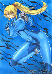 Rule 34 | &gt;:d, 1girl, :d, ahoge, artist name, blonde hair, blue eyes, blush, bodysuit, breasts, collarbone, covered navel, covered erect nipples, foreshortening, gun, hair ribbon, handgun, huge breasts, impossible clothes, legs, long hair, long legs, looking at viewer, marker (medium), metroid, open mouth, pistol, pointing, ponytail, ribbon, samus aran, skin tight, smile, solo, takecha, taut clothes, thighs, traditional media, tsurime, unaligned breasts, v-shaped eyebrows, weapon, zero suit