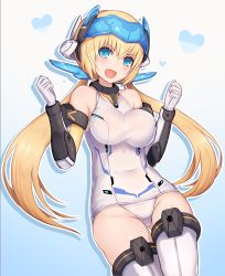 Rule 34 | 1girl, blue background, blush, breasts, covered navel, cowboy shot, frame arms girl, gradient background, hair between eyes, hands up, headgear, heart, hresvelgr, large breasts, long hair, looking at viewer, low twintails, mecha musume, nidy, one-piece swimsuit, open mouth, school swimsuit, shadow, sidelocks, smile, solo, swimsuit, thighhighs, twintails, white one-piece swimsuit, white school swimsuit, white thighhighs