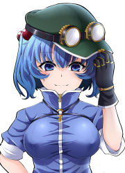 Rule 34 | 1girl, black gloves, blue eyes, blue hair, breasts, closed mouth, gloves, goggles, goggles on headwear, green hat, hair bobbles, hair ornament, hat, highres, kawashiro nitori, key, large breasts, looking at viewer, rihito (usazukin), short sleeves, simple background, smile, solo, touhou, turtleneck, two side up, white background, zipper
