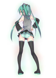 Rule 34 | 1girl, aqua eyes, aqua hair, ass, bad id, bad pixiv id, detached sleeves, emmmp, enpu (ufo), female focus, from behind, full body, hatsune miku, highres, long hair, looking at viewer, looking back, panties, pantyshot, simple background, skirt, solo, standing, striped clothes, striped panties, thighhighs, twintails, underwear, upskirt, very long hair, vocaloid, white background