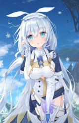 Rule 34 | 1girl, :o, animal ears, black capelet, blue eyes, blue sky, breasts, capelet, cloud, commentary request, copyright request, day, dress, fur-trimmed capelet, fur trim, hair between eyes, hand up, highres, long sleeves, medium breasts, mountain, outdoors, parted lips, rabbit ears, satsuki yukimi, silver hair, sky, sleeves past wrists, smoke, snowflakes, solo, sword, weapon, white dress