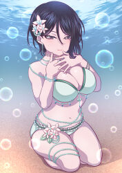 Rule 34 | asymmetrical hair, bang dream!, bare shoulders, belly chain, bikini, black hair, bracelet, breasts, bubble, cleavage, feet out of frame, flower, full body, green bikini, hair flower, hair ornament, hands up, highres, jewelry, kitayu, large breasts, legs, light smile, looking at viewer, navel, necklace, own hands together, pearl bracelet, purple eyes, sand, short hair, sidelocks, sitting, stomach, sunlight, swimsuit, thighlet, thighs, underwater, wariza, water, yashio rui