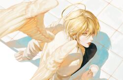 Rule 34 | 1other, absurdres, androgynous, angel, angel wings, blonde hair, cup, feathered wings, from above, gang g, hair between eyes, halo, highres, holding, holding cup, long sleeves, looking at viewer, looking up, medium hair, open mouth, original, parted lips, shadow, solo, tile floor, tiles, wings, yellow eyes, yellow halo