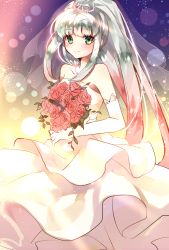 Rule 34 | 10s, 1girl, aqua eyes, bare shoulders, blush, breasts, crown, dress, elbow gloves, flower, gloves, gradient background, highres, jewelry, lailah (tales), long hair, multicolored hair, necklace, rose, silver hair, smile, tales of (series), tales of zestiria, veil, wedding, wedding dress
