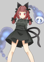 Rule 34 | 1girl, animal ears, arms behind back, black bow, black shirt, black skirt, blunt bangs, bow, breasts, cat ears, cat girl, cat tail, collared shirt, commentary, feet out of frame, grey background, hair bow, hair intakes, hekkmushi, highres, hitodama, kaenbyou rin, large breasts, long sleeves, looking at viewer, medium hair, multiple tails, nekomata, red eyes, red hair, red pupils, shirt, simple background, skirt, slit pupils, solo, tail, touhou, two tails
