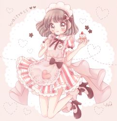 Rule 34 | 1girl, apron, back bow, blush, bow, brown bow, brown eyes, brown hair, cake, collared dress, dress, english text, food, footwear bow, fork, hair bow, heart, holding, holding cake, holding food, holding fork, maid apron, maid headdress, mind 08, original, short dress, short hair, simple background, solo, striped clothes, striped dress, tongue, tongue out, waist bow, waitress