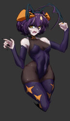 Rule 34 | 1girl, absurdres, alternate costume, animal ears, arms up, bare shoulders, black nails, blush, bodysuit, breasts, cross-shaped pupils, curled horns, demon girl, demon horns, elbow gloves, embarrassed, eyebrows, eyelashes, eyeliner, fake animal ears, fangs, feet out of frame, female focus, fingerless gloves, fingernails, gloves, grey background, highleg, highleg leotard, highres, hiiragi utena, horns, leotard, lizard (pixiv27427278), long fingernails, looking at viewer, magia baiser, mahou shoujo ni akogarete, makeup, medium hair, nail polish, nose blush, open mouth, playboy bunny, purple hair, purple leotard, purple thighhighs, rabbit ears, shaded face, sharp teeth, simple background, sleeveless, sleeveless bodysuit, small breasts, solo, strapless, strapless leotard, symbol-shaped pupils, teeth, thighhighs, thighs, tongue, wide hips, yellow eyes, yellow horns