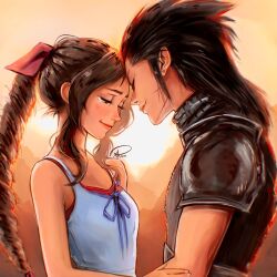 Rule 34 | 1boy, 1girl, absurdres, aerith gainsborough, armor, bare shoulders, black hair, braid, braided ponytail, breasts, brown hair, couple, crisis core final fantasy vii, cross scar, dress, earrings, facial scar, final fantasy, final fantasy vii, forehead-to-forehead, hair ribbon, happy tears, heads together, highres, jewelry, lips, long hair, parted bangs, pink ribbon, ribbon, scar, scar on cheek, scar on face, shoulder armor, sidelocks, sleeveless, sleeveless dress, small breasts, smile, spiked hair, sunset, sweater, tears, turtleneck, turtleneck sweater, upper body, xriviia, zack fair