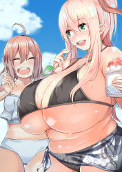 Rule 34 | 2girls, ahoge, bare arms, bare shoulders, bikini, black bikini, blue sky, blush, breasts, brown hair, cleavage, closed eyes, commentary request, cup-chan, day, drinking straw, drooling, facing another, fat rolls, floral print, food, gigantic breasts, green eyes, hibiscus print, highres, holding, holding drinking straw, huge breasts, long hair, looking at another, mouth drool, multiple girls, navel, open mouth, original, outdoors, pink hair, plump, print sarong, round teeth, sarong, shaved ice, side-tie bikini bottom, skindentation, sky, small breasts, smile, summer, sweat, swimsuit, tankini, teeth