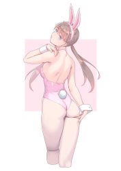 1girl, animal ears, ass, back, bare shoulders, blue eyes, breasts, brown hair, bunny ears, bunny tail, commentary request, cowboy shot, cropped legs, detached collar, fake animal ears, fake tail, highres, leotard, long hair, looking at viewer, looking back, original, pantyhose, pink leotard, playboy bunny, puckered lips, solo, standing, strapless, strapless leotard, striped, striped background, tail, vertical stripes, white legwear, wrist cuffs, yuuji (and)