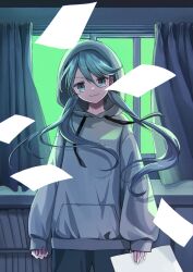 Rule 34 | 1girl, absurdres, blue eyes, blue hair, cinema (vocaloid), curtains, grey hoodie, hatsune miku, highres, holding, holding paper, hood, hood up, hoodie, looking at viewer, low twintails, nagitofuu, paper, smile, solo, twintails, vocaloid