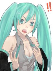 Rule 34 | !, !!, 1girl, aqua eyes, aqua hair, bad id, bad pixiv id, blush, breast hold, breast lift, breasts, cleavage, detached sleeves, face, hatsune miku, open mouth, solo, surprised, vocaloid