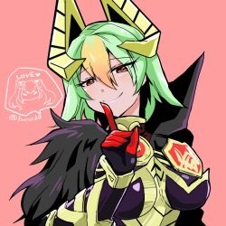Rule 34 | 1girl, armor, breasts, cape, dark-skinned female, dark skin, english text, feather trim, fire emblem, fire emblem heroes, gradient hair, green hair, hair ornament, index finger raised, jewelry, laegjarn (fire emblem), laevateinn (fire emblem), lips, lipstick, makeup, multicolored hair, nintendo, orange hair, pink background, red eyes, short hair, smile, solo, yukia (firstaid0)