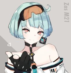 Rule 34 | 1girl, ahoge, aqua necktie, bare shoulders, black choker, black gloves, blue hair, blunt bangs, bob cut, character name, choker, collarbone, commentary, earrings, fingerless gloves, girls&#039; frontline, gloves, goggles, goggles on head, grey background, heart, highres, jewelry, looking at viewer, multicolored nails, necktie, off-shoulder shirt, off shoulder, orange-tinted eyewear, orange eyes, pointing, pointing at viewer, shirt, short hair, smile, solo, tinted eyewear, two-tone background, upper body, yamasemi (yy8023), zas m21 (girls&#039; frontline)