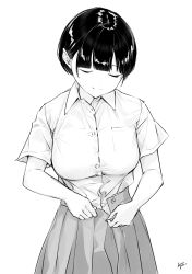 Rule 34 | 1girl, absurdres, breasts, closed eyes, closed mouth, collared shirt, commentary request, dress shirt, facing viewer, greyscale, highres, medium breasts, monochrome, original, pleated skirt, school uniform, shirt, short sleeves, signature, simple background, skirt, smile, solo, takenoko no you, undressing, white background