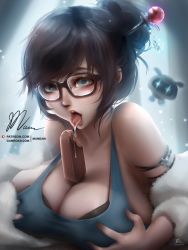 Rule 34 | black hair, breasts, clothes, food, grabbing own breast, ice cream, looking at viewer, mei (overwatch), overwatch, paizuri, saliva, saliva trail