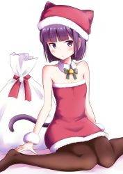 Rule 34 | 1girl, bare shoulders, black pantyhose, blunt bangs, blunt ends, blush, bob cut, cat tail, christmas, collar, commentary request, detached collar, dress, fur-trimmed dress, fur cuffs, fur trim, hat, highres, original, pantyhose, parted lips, red dress, red hat, sack, santa dress, santa hat, short hair, simple background, sitting, solo, strapless, strapless dress, tail, takatsuki akira, wariza, white background, white collar, wing collar