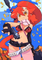 Rule 34 | 1girl, absurdres, anti-materiel rifle, asymmetrical gloves, bacun, belt, bikini, bikini top only, black gloves, blue sky, breasts, cloud, commentary, english commentary, fingerless gloves, flame print, gloves, gun, hair ornament, hair stick, handgun, highres, holding, holding gun, holding weapon, long hair, looking at viewer, medium breasts, navel, outdoors, pink thighhighs, red hair, rifle, scarf, shell casing, short shorts, shorts, skull hair ornament, sky, sniper rifle, solo, striped clothes, striped scarf, studded belt, studded bracelet, swimsuit, tengen toppa gurren lagann, thighhighs, unzipped, weapon, weapon on back, yellow eyes, yoko littner