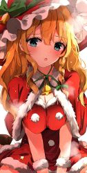 Rule 34 | 1girl, :o, alternate breast size, alternate color, alternate costume, bad id, bad pixiv id, blonde hair, blue eyes, blush, bow, braid, breasts, breasts squeezed together, capelet, christmas, christmas ornaments, cleavage, commentary request, dress, frilled hat, frills, fur-trimmed capelet, fur-trimmed dress, fur cuffs, fur trim, green ribbon, hair between eyes, hair ribbon, hat, hat bell, hat bow, hat ribbon, highres, kirisame marisa, large breasts, long hair, neck bell, neck ribbon, off-shoulder dress, off shoulder, partial commentary, pom pom (clothes), red bow, red capelet, red dress, red hat, ribbon, santa costume, shangurira, side braid, sidelocks, simple background, single braid, sitting, solo, star (symbol), steam, touhou, v arms, wariza, white background, witch hat, wrist cuffs