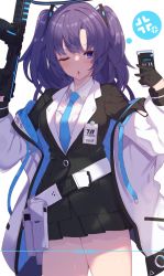 1girl belt black_gloves blue_archive blue_eyes blush breasts cellphone gloves gun highres holding holding_gun holding_phone holding_weapon jacket long_hair necktie off_shoulder one_eye_closed open_mouth phone pleated_skirt purple_hair skirt smartphone solo two_side_up weapon yuuka_(blue_archive) zoruboi