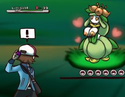 Rule 34 | !, 1boy, 1girl, arm up, bag, black bag, black pants, black shirt, blue jacket, breasts, brown hair, character name, creatures (company), english text, from behind, full body, game freak, gameplay mechanics, gen 5 pokemon, grass, green background, green hair, hat, health bar, heart, highres, hilbert (pokemon), huge breasts, jacket, large areolae, lilligant, long hair, long sleeves, metachoke, nintendo, nipples, outdoors, own hands together, pants, poke ball, pokemon, pokemon (creature), pokemon bw, red eyes, shirt, short hair, simple background, standing, text focus, v arms, white headwear
